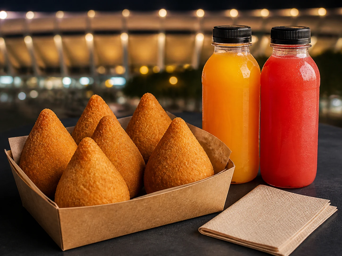 Coxinhas e duas garrafas de suco prontas para levar ao jogo