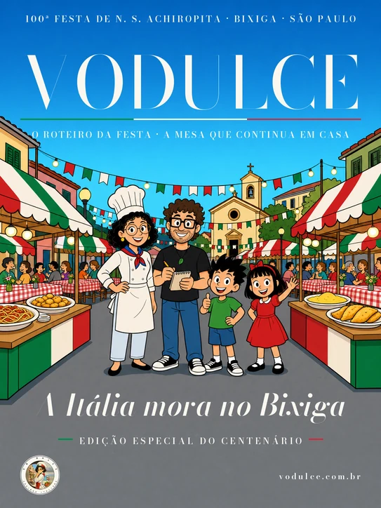 Capa da edição A Itália mora no Bixiga: ilustração da Vó Dulce, do Professor Chaves e de duas crianças numa festa de rua italiana